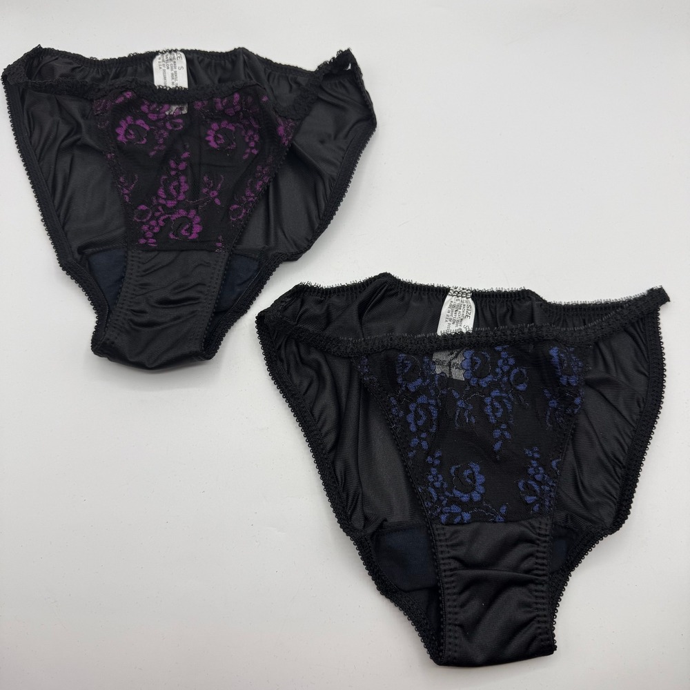 Sears Vintage High Cut Bikini Panties 2 Pack Small Black Floral Lace Nylon